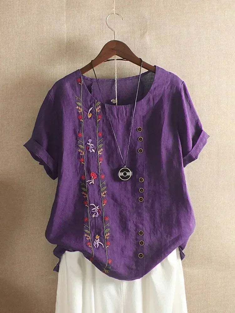 Flower Embroidery Cotton Linen Shirt Summer O-neck Short Sleeve White Pullover Top Street Blouse