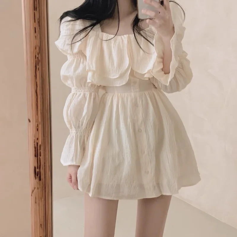 Dresses Puff Sleeve Ruffles Square Neck Spring Autumn Vestidos Mujer Korean Aline Mini Dress