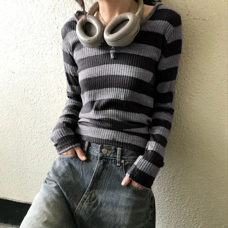 Vneck Striped Simple Knitted Tops Mujer Street Allmatch Hoodie Coat Y2k Slim Fit Long Sleeve Pullovers