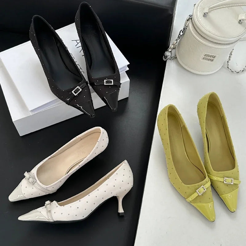 Pointed Toe Low Heel Shoes Belt Buckle Office Thin High Heels Female Shallow Pumps Zapatos De Mujer