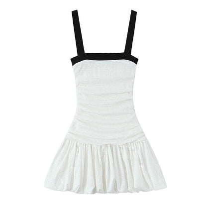 Female Summer Slim Mini Dresses White Square Collar Sleeveless Backless Plaeted Zipper New Dress
