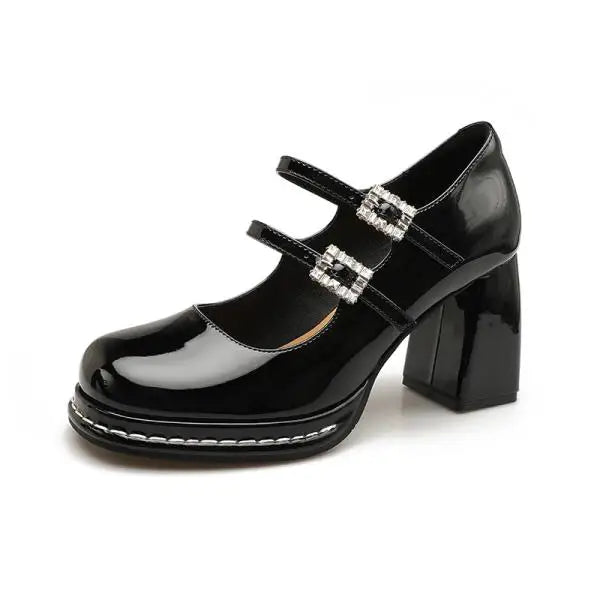 Shallow Mouth High Heel Leather Shoes Slip on Mary Jane Chunky Sandals Increasing Height Clogs for Laceup Navy Blue Pumps
