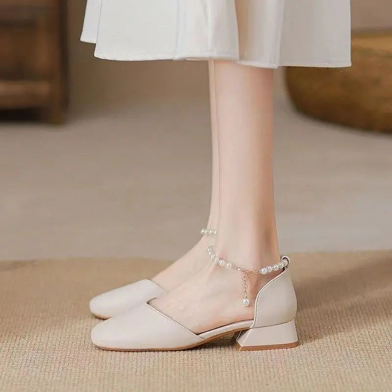 Summer Shoes Pearl Square Heels for Office Work Medium Sandals Woman Footwear H on Offer Designer Original