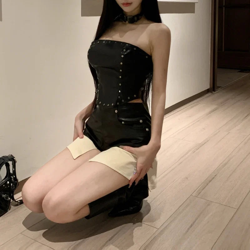 Summer New American Offshoulder Rivets Leather Camisole + High Waist Patchwork Shorts Twopiece Suit
