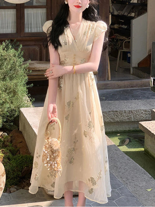 French Vneck Midi Dress Female Even Party Clothing Summer Retro One Piece Dress Korean 2000s Y2k