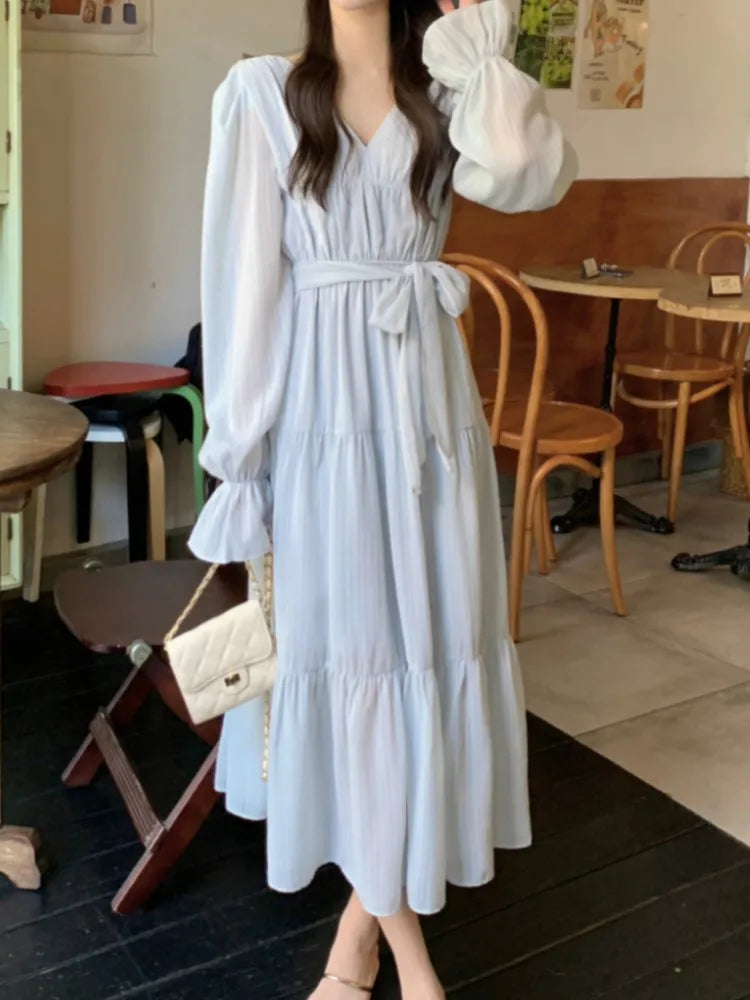 Autumn Midi Dresses for V-neck Flare Sleeves A-line Korean French Vestidos Mujer New
