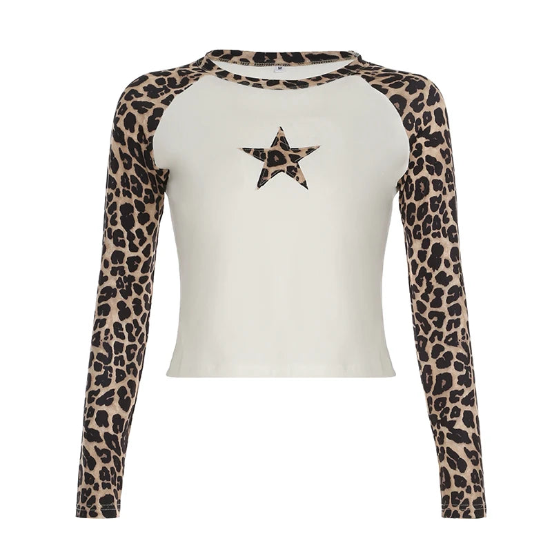 Leopard Patchwork ��s Long Sleeve T-shirts O-neck Start Leopard Prints Top Tees Autumn New ��s Clothes