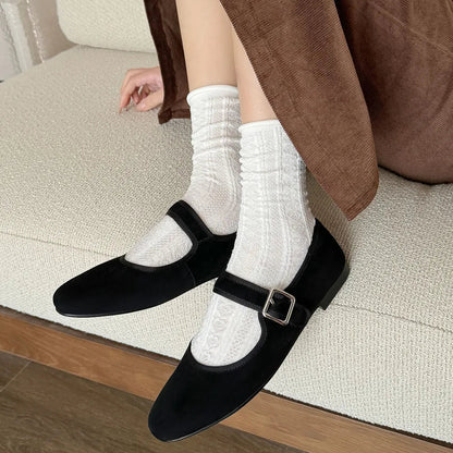 Flats Spring Summer Round Toe Genuine Leather Buckle Strap Mary Janes Office Lady Working Shoes Woman Concise