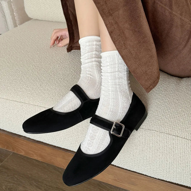 Flats Spring Summer Round Toe Genuine Leather Buckle Strap Mary Janes Office Lady Working Shoes Woman Concise