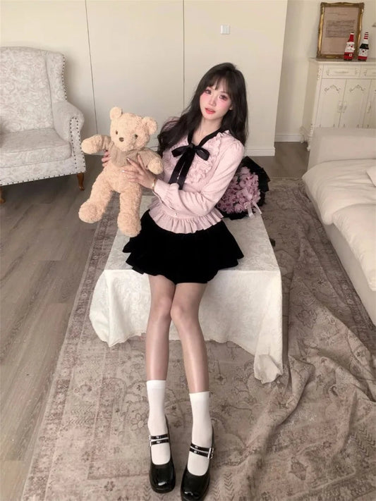 Shirts Sweet Bow Bandage Ruffles Patchwork Long Sleeve Button Slim Crop Tops Spring Female Blouse