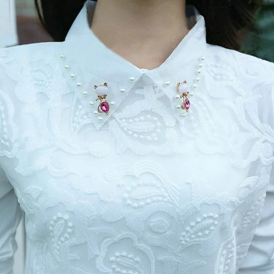 Spring Autumn Style Lace Blouses Shirts Lady Peter Pan Collar Long Sleeve Beading Blusas Top Df1758