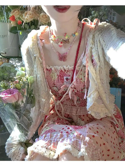 Japan Kawaii Dress Strawberry Stitching Suspender Skirt Laceup Cardigan Japanese Style Sweet