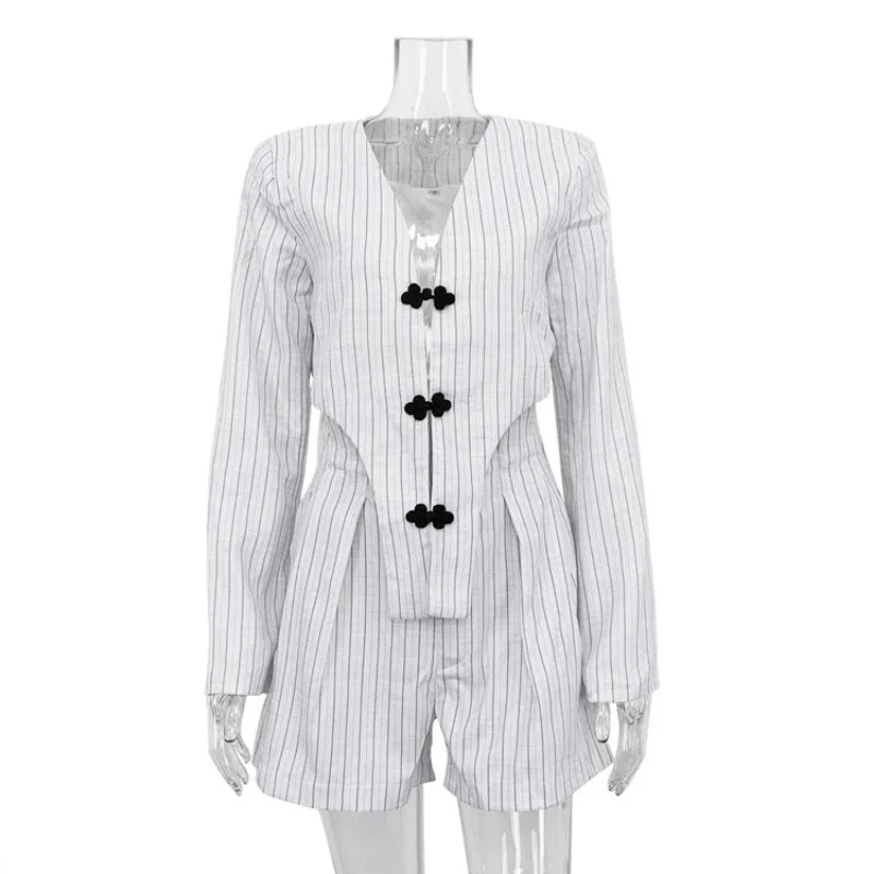 Designer Striped Set Oversized Blazer Two Pieces Set for Pullover Long Sleeve Shirt Tops and Shorts