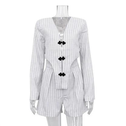 Designer Striped Set Oversized Blazer Two Pieces Set for Pullover Long Sleeve Shirt Tops and Shorts
