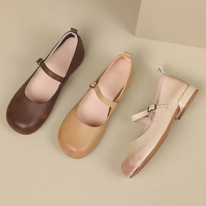 Round Toe Pumps Low Heels Genuine Leather Office Working Shoes Woman Spring Summer Retro Style