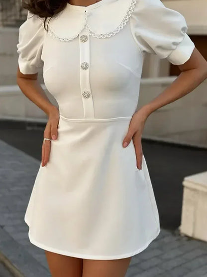 Slim Mini Dress Lace Short Sleeve Doll Collar Button Splice Autumn Classic Office Dresses Female