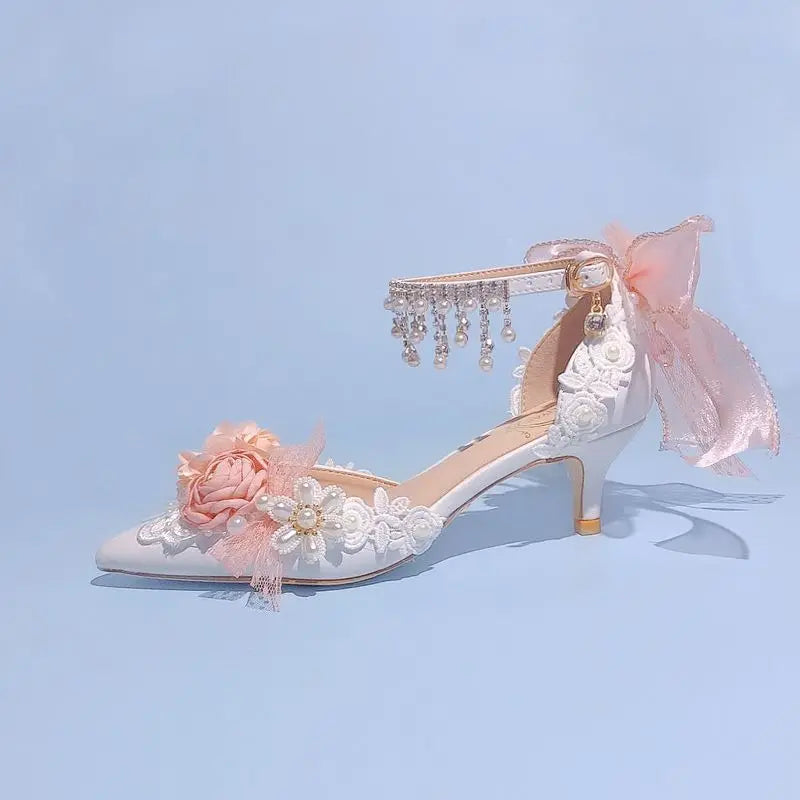 Lolita Brode Shoes New Pearl Rhinestone Pink High Heels for Sweet Flower Knot Bridal Wedding Shoes