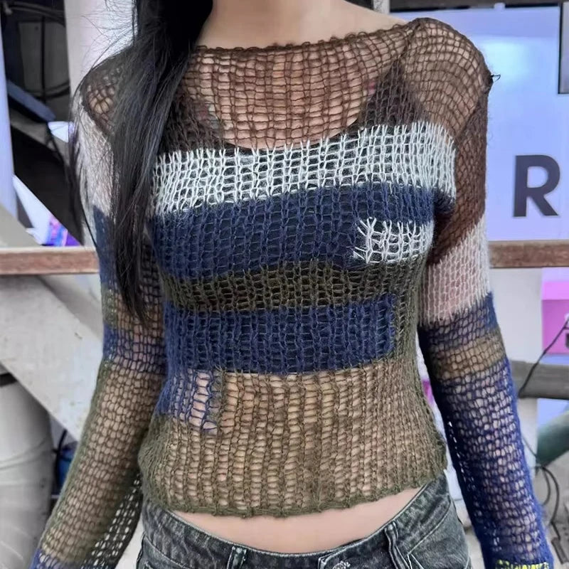 Y2k Hollow Out Sweater Patchwork Striped Knit Sweater Japanese 2000s Hole Pullover Aesthetics Crop Knit Tops