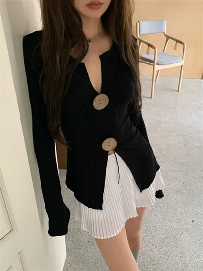 Stylish Slimfit Sweaters New Knitted Split Autumn High Street Ol Mujer Vneck