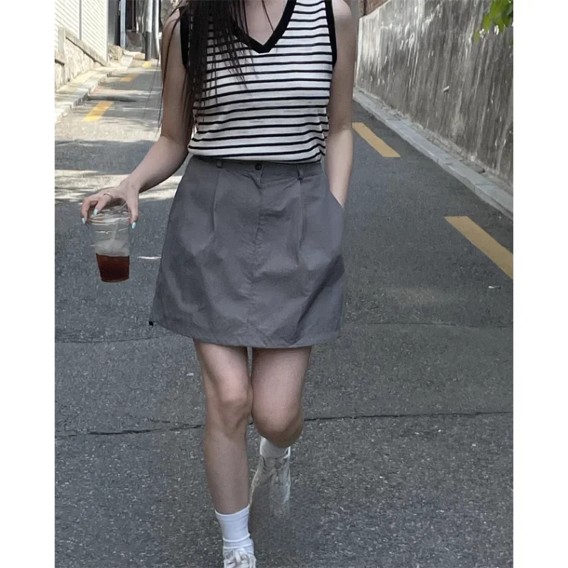 Summer Korean Retro High Street Drawstring Gray Nylon Low Waist Mini Skirt Skirt