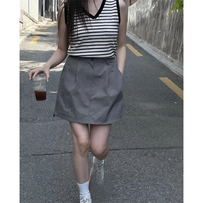 Summer Korean Retro High Street Drawstring Gray Nylon Low Waist Mini Skirt Skirt