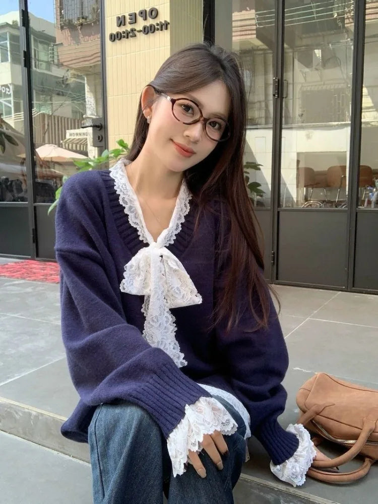 Knitted Sweater Lace Patchwork Bow V Neck Autumn Winter Pullover Long Sleeve Loose Stretch Female Jumper
