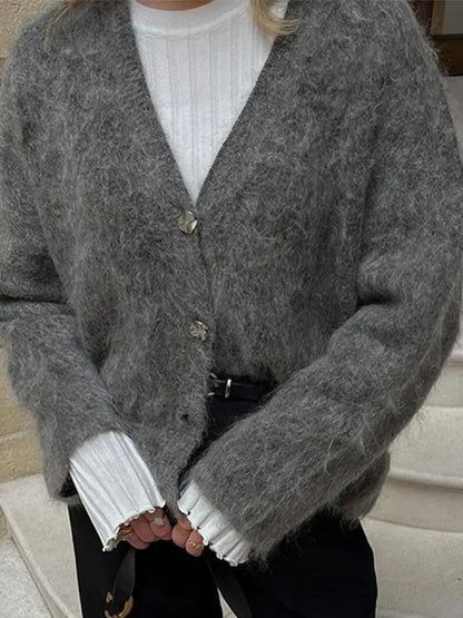 Knitted Cardigans Single Breasted V-neck Loose Long Sleeve Sweater Winter Gray All-match Coat Tops