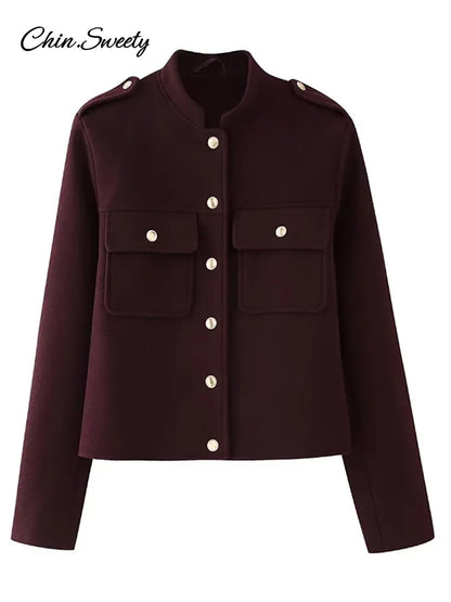 Burgundy Color Woolen Jacket for Stand Collar Single Breasted Pocket Thick Short Coat Autumn Lady Commute Outwear New