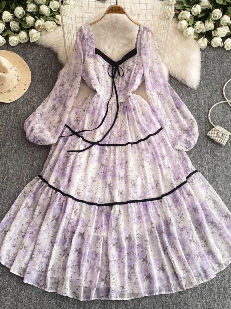Printed Midi Dresses for Lantern Sleeves Square Collar A-line Birthday Party Dress Autumn New Prom Robe