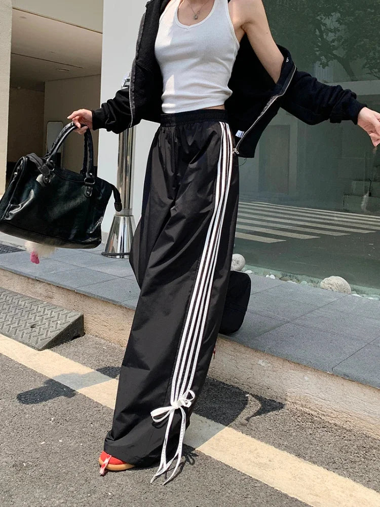 Sports Stripe Baggy Pants Y2k Cutecore Bow Straight Wide Leg Sweatpants Korean Causal Joggers