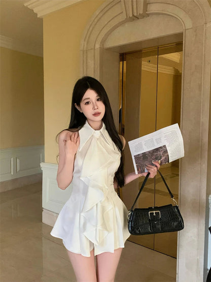 White Shirts&blouses Ruffles Korean Spring Summer Blusas Mujer Sleeveless Camisas