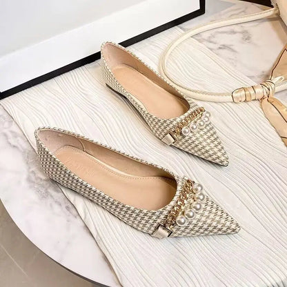 Normal Leather Pearl Pointed Toe Formal Shoes for Woman Flats Flat Summer Footwear Office and E