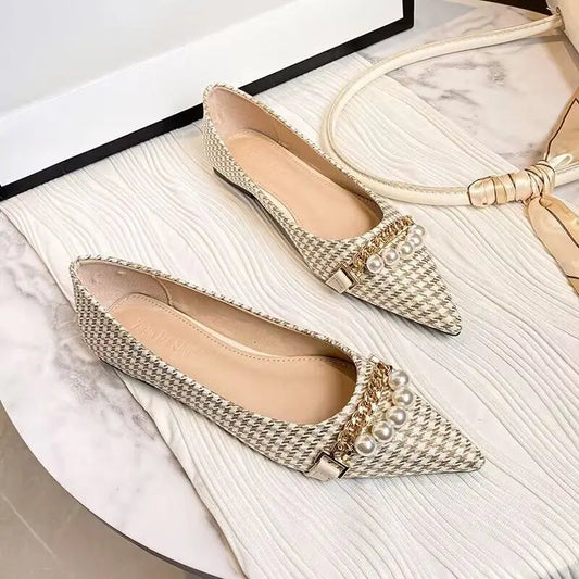 Normal Leather Pearl Pointed Toe Formal Shoes for Woman Flats Flat Summer Footwear Office and E