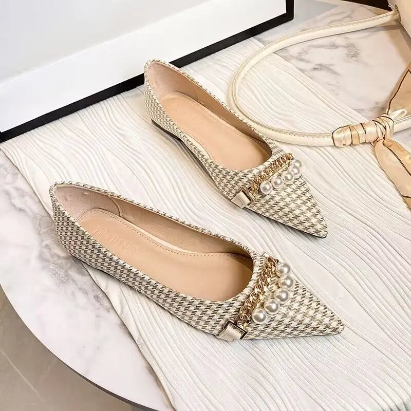 Normal Leather Pearl Pointed Toe Formal Shoes for Woman Flats Flat Summer Footwear Office and E