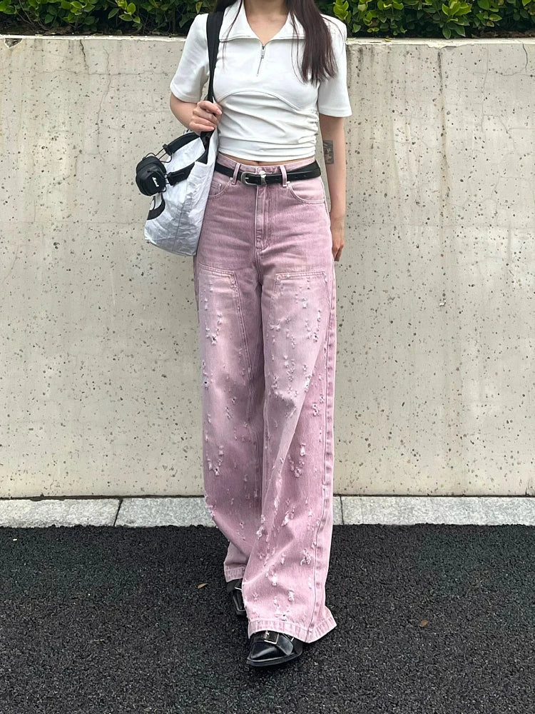 Woman Jeans Denim Pants French Elegance Baddie Gyaru High Street Ins Sweet Korean New Design Ripped Hole Color Loose