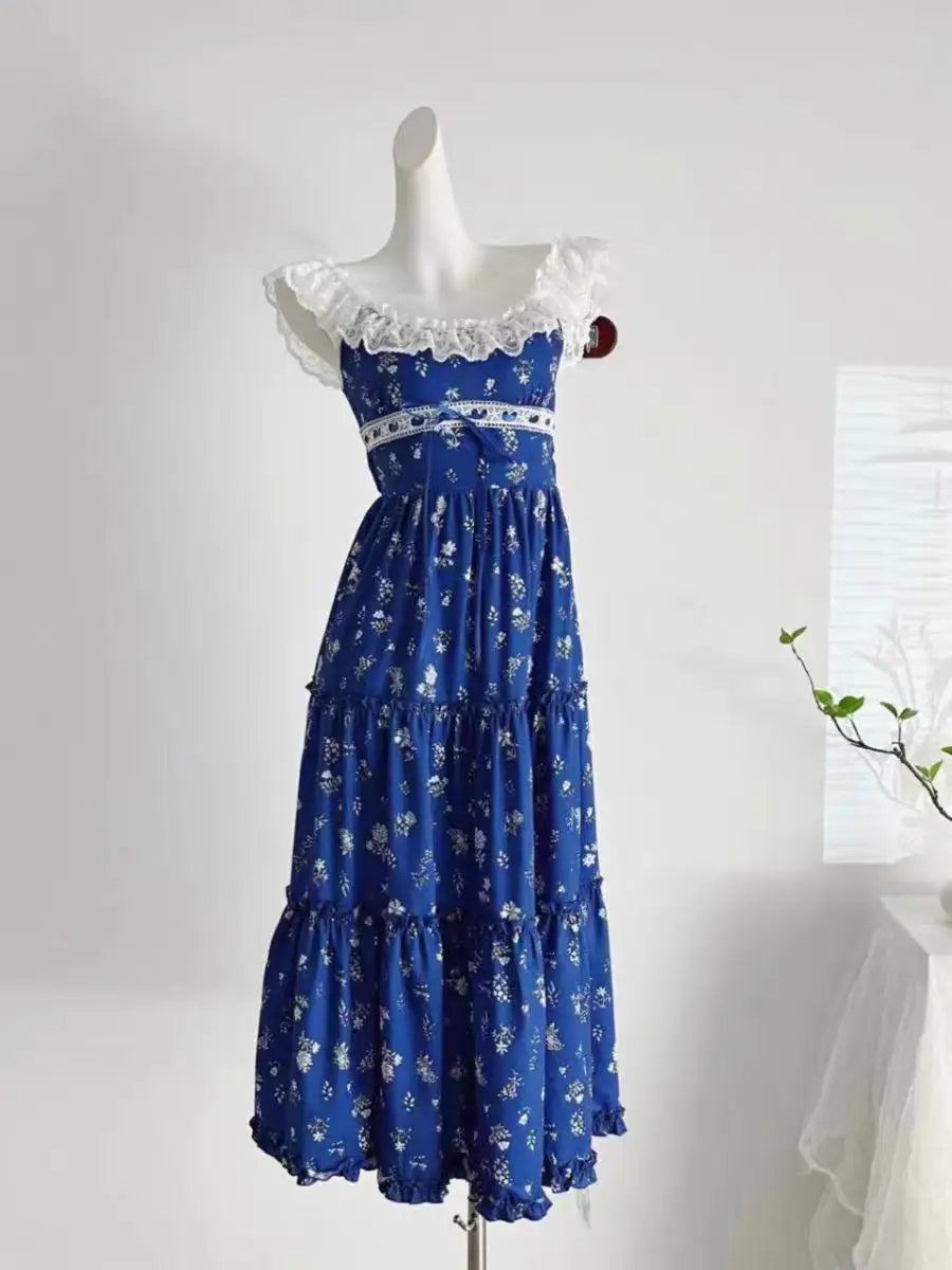 Bule French Lace Party Dress Sweet Backless Midi Dress Summer Korean Sleeveless Dress