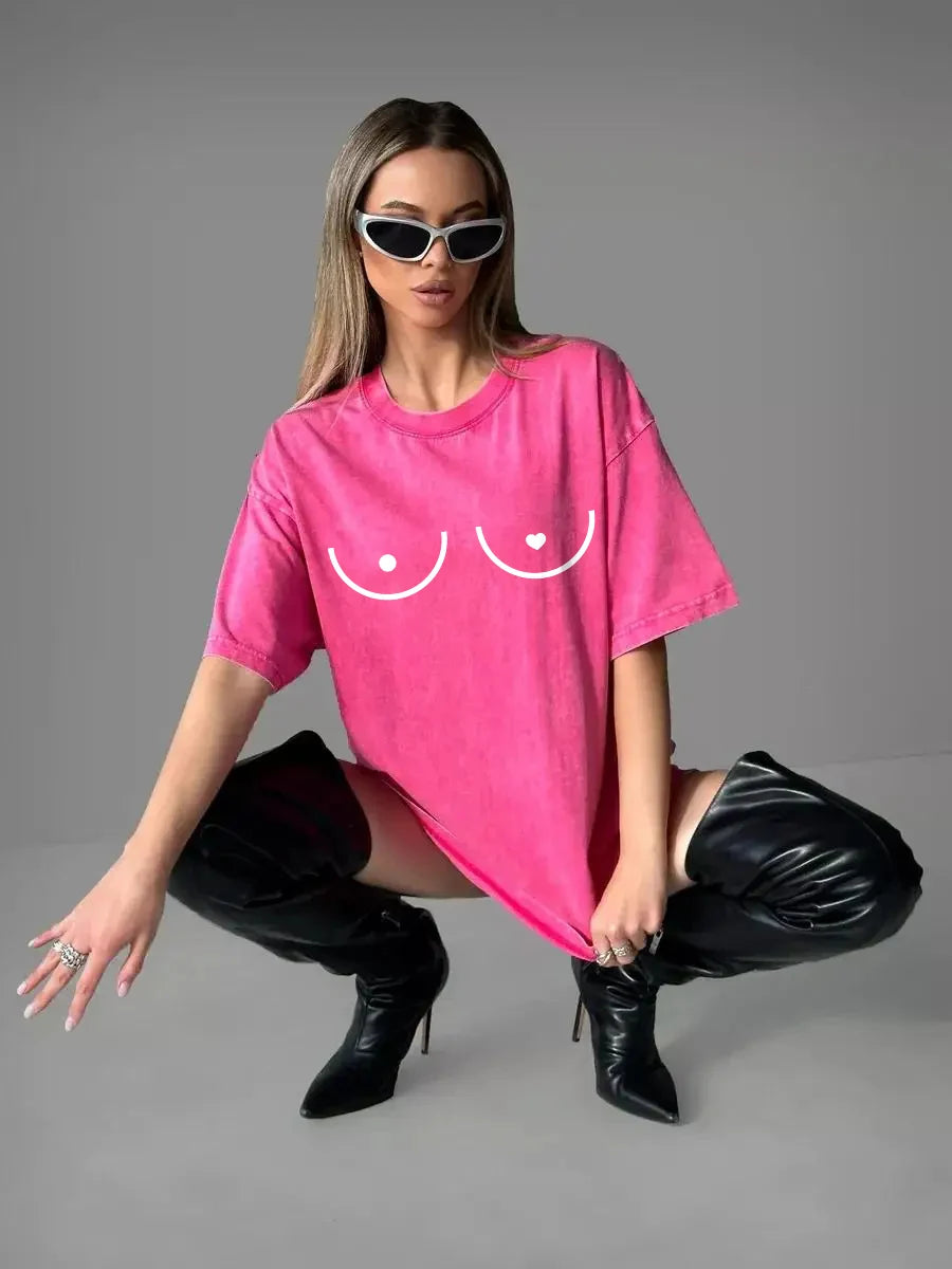 Summer Cotton Washed T Shirts Heart Funny Graphic T-shirt Y2k Loose Retro Short Sleeve Tee Hip Hop