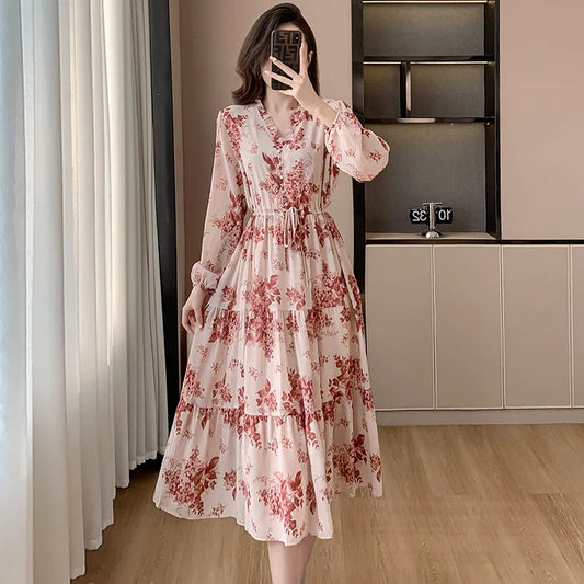 French V Neck Flower Print Chiffon Midi Dress New Spring Long Sleeve Drawstring Waist Holiday Sweet Dress