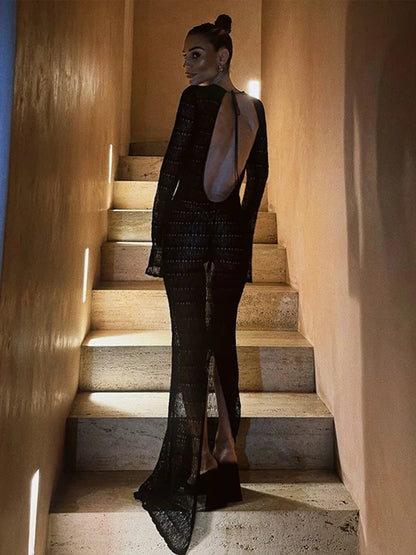 Hollow Out Knitted Long Dress Backless Long Sleeve Slim Maxi Dresses Female Party Beach Holiday