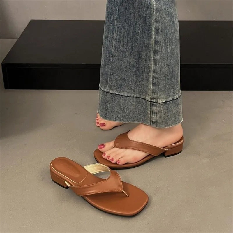 Summer Thin Low Heels Slippers Round Clip Toe Beach Sandals Flip Flops Shoes Zapatos De Mujer