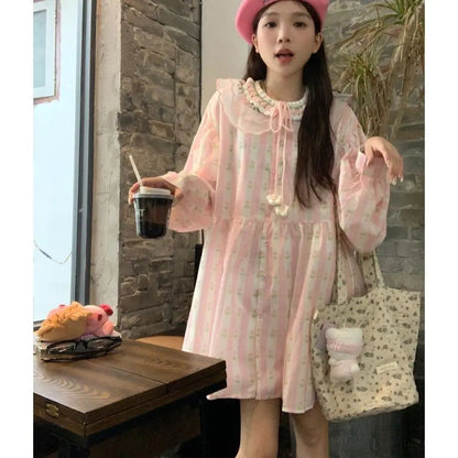 Sweet 3d Hook Flower Stripe Pink Dress Summer New Embroidered Girl Doll Neck Loose Aline Midi Dress for