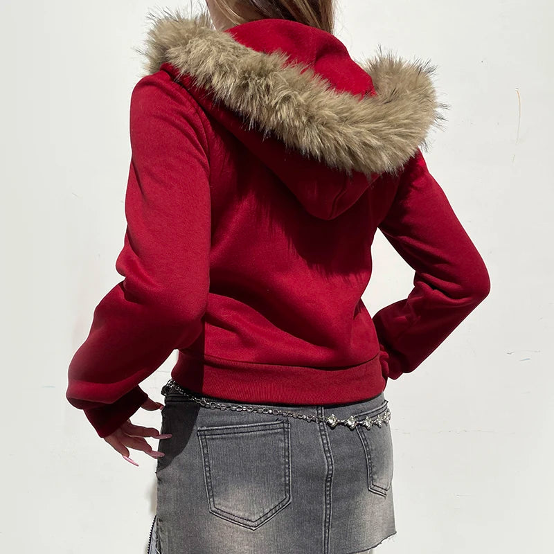 Y2k Fur Trim Hooded Sweatshirt Red Letter Print Zipper Coat With Pocket Winter 90s Outwear