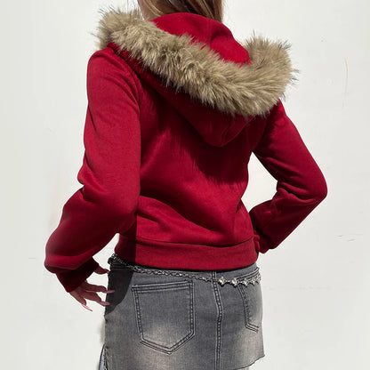 Y2k Fur Trim Hooded Sweatshirt Red Letter Print Zipper Coat With Pocket Winter 90s Outwear