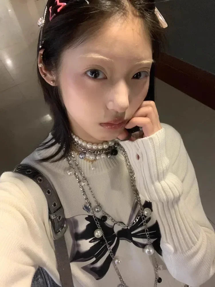 White Bow Graphic Sweater Half High Collar Kawaii Long Sleeve Knitwear Skinny Y2k Aesthetics Autumn Winter Clothes