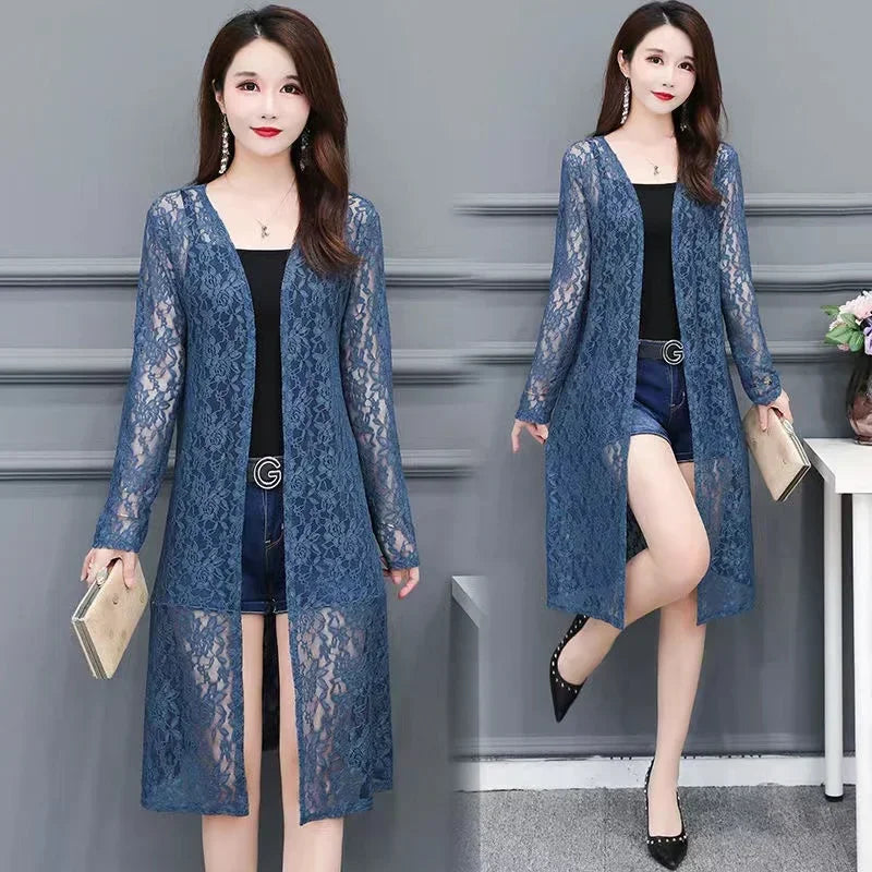 Summer Sun Protection Lace Cardigan Mid-length Mesh Shawl Loose Clothing Jacket Shirt Outerwear