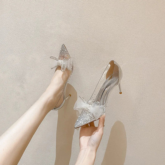 New Pointed Toe Stiletto High Heels Transparent Crystal Shoes Shallow Rhinestone Bow Exquisite Shoes