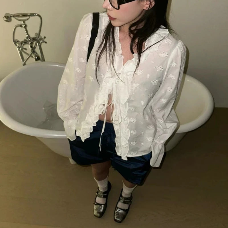 Vneck Ruffled Laceup Loose Longsleeved Shirt Summer New Korean Hollow Color Blouse
