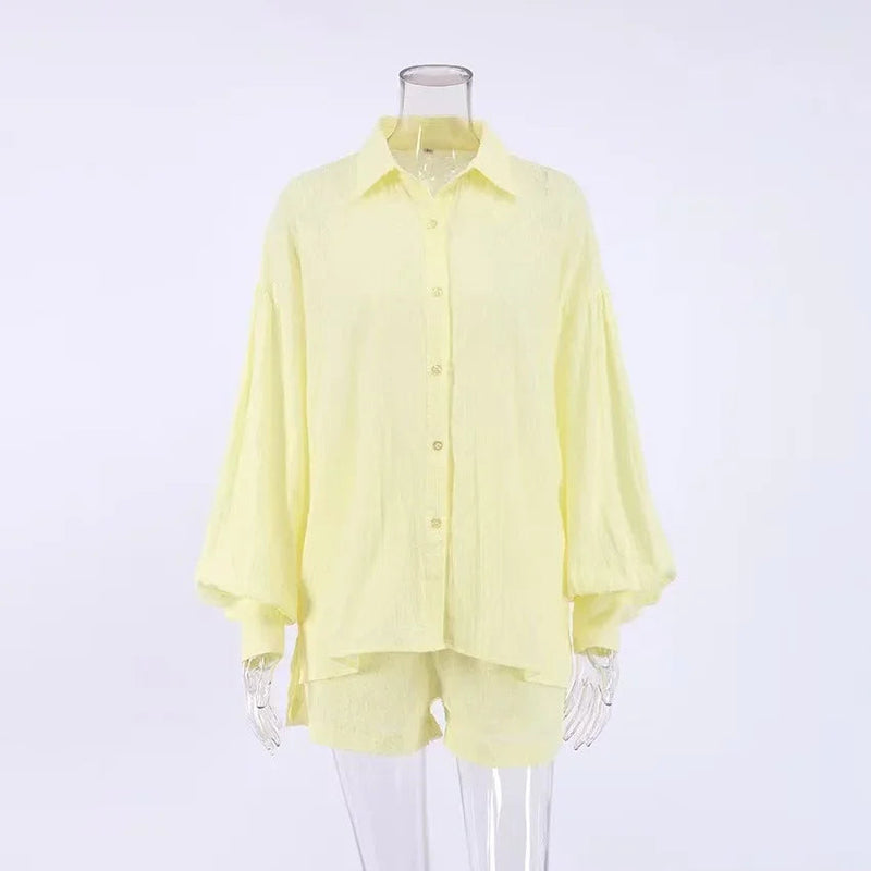New Beach Shirt Shorts Twopiece Set Summer Tracksuit Female Loose Long Sleeve Top Suit Lounge Wear Homewear