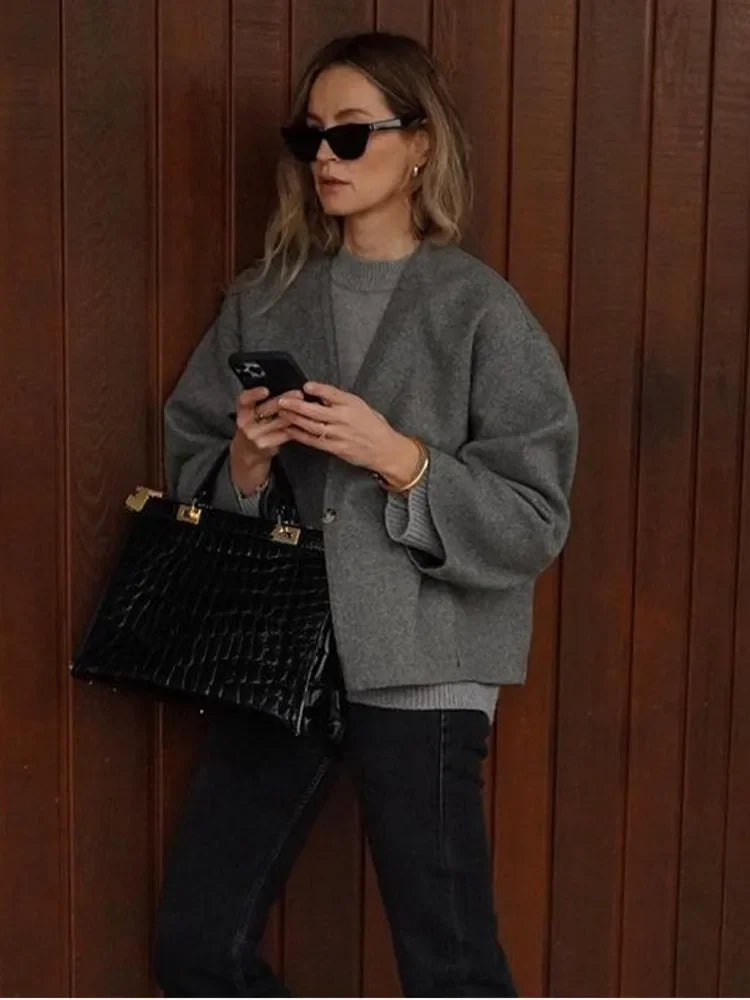 One Button Woolen Coat Gray Loose Long Sleeve V-neck Short Jacket Female Autumn Winter Lady New in Outwears