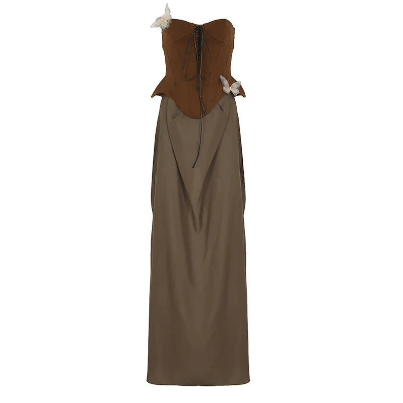 Butterfly Detail Strapless Long Dress Aesthetic Detachable Corset Top Maxi Dresses
